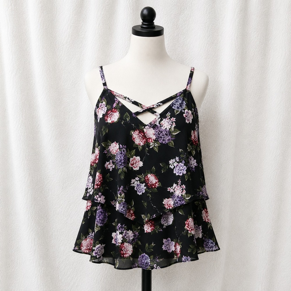 Torrid Cami Tank Top Size 4 Black Floral Criss Cross Front Layered Plus 4X